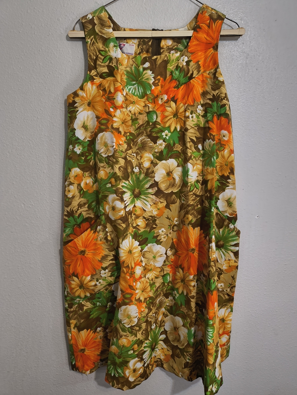 Vtg 60s Pomare Honolulu Hawaii Floral Shift Dress Pockets Psychedelic Mod Tiki